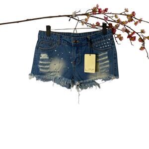 Litz Blue Distressed Jeweled Fringe Trim Casual Denim Jean Shorts Womens Sz S